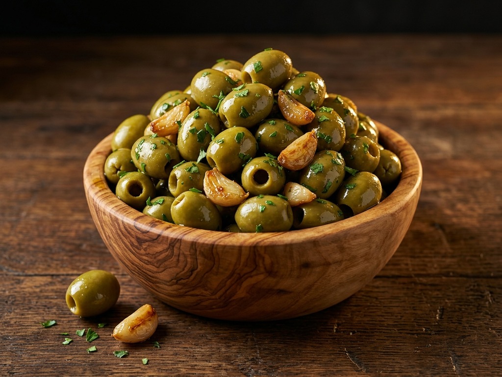 Verse groene olijven met knoflook en kruiden