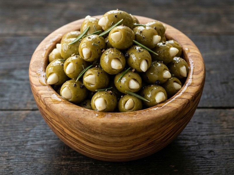Grote groene olijven gevuld met knoflook