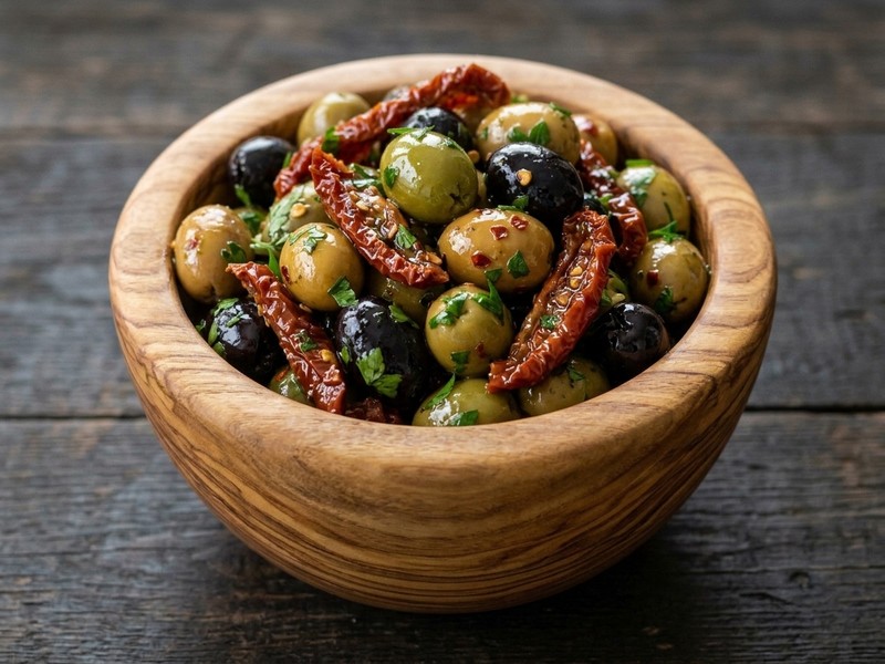Bonte olijvenmix met tomaat en chili